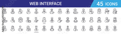 Set of 45 outline web icons including career promotion and strongman, vector line icons for web design, mobile and interface projects