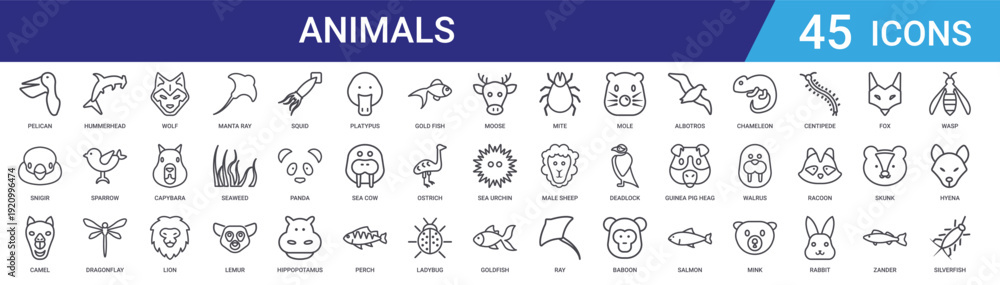 Obraz premium Set of 45 outline animal icons including manta ray, lion, capybara, wolf, dragonfly, sparrow, hammerhead. Editable vector line icons for web and mobile design