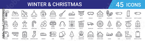 Set of 45 outline winter and Christmas web icons including chapel, Christmas card, gingerbread man, avalanche, scarf, bauble, snowy mountain vector icons for design