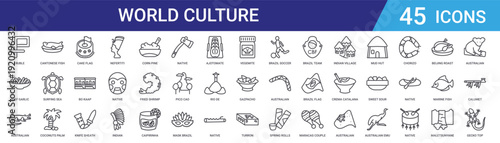 Set of 45 outline web icons including world culture, food, travel landmarks. Thin line vector symbols for web design, mobile app, UI with diverse cultural elements