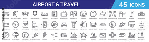 Set of 45 outline airport and travel icons including stewardess, pilot hat, duty free bag, parachute, terminal, luggage vector icons for web design and mobile applications