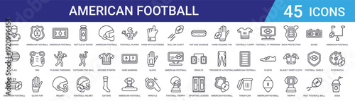 Set of 45 outline American football and sports equipment vector icons including helmet, ball, field, glove, trophy, uniform elements for web and app design