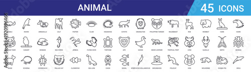 Set of 45 outline animal icons including calf, cockroach, armadillo, echidna, canary, raven, guinea pig, gazelle. Vector line icons for web and mobile apps