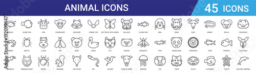 Set of 45 outline animal icons including chimpanzee, spider, llama, cow, husky, beetle, fish. Vector line icons for web design, mobile app, UI