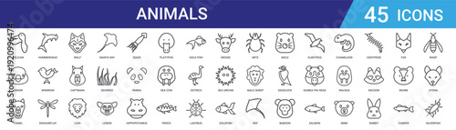 Set of 45 outline animal icons including manta ray, lion, capybara, wolf, dragonfly, sparrow, hammerhead. Editable vector line icons for web and mobile design