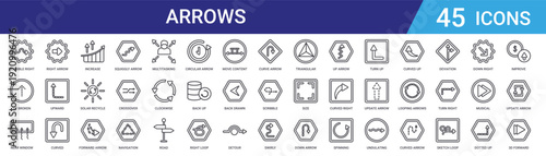 Set of 45 outline arrow direction icons including squiggly, curved, rotation, recycle, navigation, broken line, loop and detour vector symbols for web design