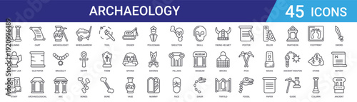 Set of 45 outline archaeology and history icons including wheelbarrow, arc, bracelet, archeologist, ancient weapon, mummy, sphinx, fossil for web and mobile design