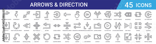 Set of 45 outline arrow and direction icons including enter left, resize, backward, diagonal, u turn, circling, roundabout vectors for web design and mobile apps
