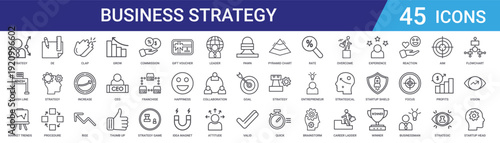 Set of 45 outline business strategy icons including grow, rise, increase, goal, leader, collaboration for web and mobile. Editable vector line style pack