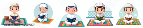 vector of muslim little boy sitting reading the Qur'an during Ramadan