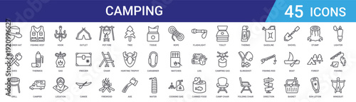 Set of 45 outline camping and outdoor adventure icons including camper, fishing, gas, thermos, hook, location vector icons for web design and mobile app