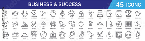 Set of 45 outline business and achievement icons including trophy, piggybank, gold ingots, quality badge, mortarboard, pedestal. Editable stroke vector collection for web and mobile