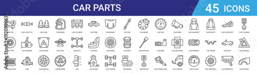 Set of 45 outline car parts automotive icons including brake light, hubcap, gearbox, carburettor, catalytic converter. Vector line icons for web and mobile