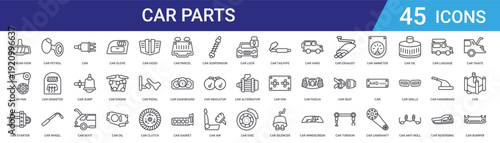 Set of 45 outline automotive car parts icons including glove compartment, boot, sump, distributor, wheel brace, demister, petrol cap vector icons for web and mobile