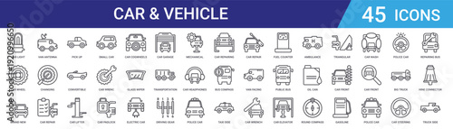 Set of 45 outline car and vehicle icons including small car, truck, convertible, repair tools, car lifter, van. Editable vector line icons for web and mobile app UI design