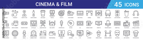 Set of 45 outline cinema and film industry icons including movie award, trophy, theater ticket, camera, microphone. Vector line icons for web and app design