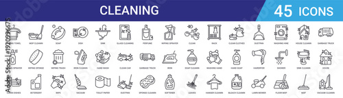 Set of 45 outline cleaning icons including dish, soap, detergent, mop, sponge, wipe, trash can, vacuum. Vector line icons for web design and mobile app
