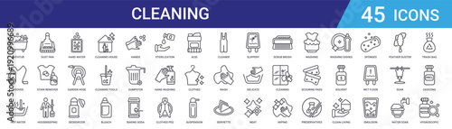 Set of 45 outline cleaning house icons including deodorizer, garden hose, housekeeping, stain remover, dust pan vector icons for home, mobile app, web design
