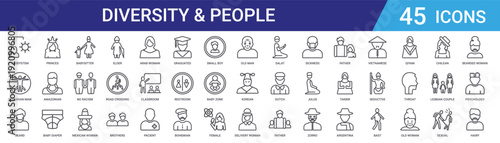 Set of 45 outline diversity and people icons including multicultural, family, gender, age groups. Editable vector line icons for web and mobile app design