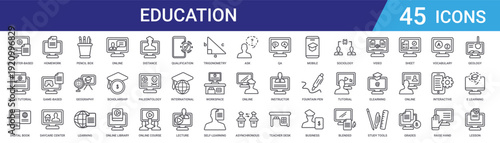 Set of 45 outline education and e-learning icons including online training, geography, homework, pencil box, daycare, tutorials. Editable vector line icons for web and mobile apps