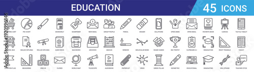 Set of 45 outline education and school web icons including bookshelf, diploma, measuring tools, pie chart, trophy, globe. Vector linear style for UI design