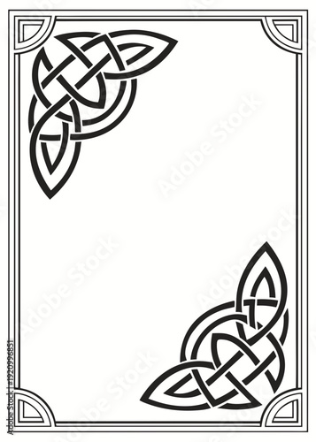 A decorative frame with bold black Celtic knotwork in the corners. The intricate, interwoven patterns create a symmetrical design, while the center remains blank, making it suitable as a template.