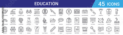Set of 45 outline education and science icons including studying glasses, clipboard, globe, flask, vessels, agenda. Vector line icons for web and mobile design