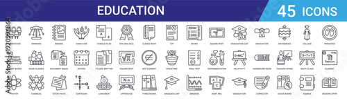 Set of 45 outline education and science icons including books, graduation, mathematics, chemistry, learning tools for web design, mobile apps, UI projects