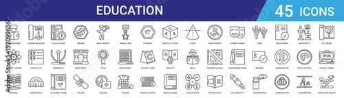 Set of 45 outline education and learning icons including drama, books, calculator, geometry, certificate. Thin line vector icons for web design and mobile app UI