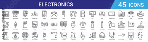 Set of 45 outline electronics and appliances icons including ceiling fan, turbine, cell phone, smartband, furnace. Thin line vector symbols for web and mobile