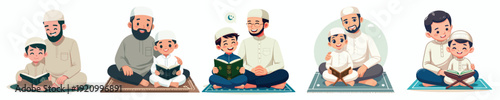 vector of father and boy sitting reading the Qur'an during Ramadan