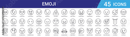 Set of 45 outline emoji icons such as stupid, yelling, surprised, hypnotized, wondering, embarrassed, injured, kissing, puking, ninja. Vector line style for web and mobile design