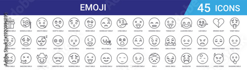 Set of 45 outline emoji icons including sceptic, cowboy hat, sleep, sneezing, tired, monocle vector icons for web design, mobile app UI