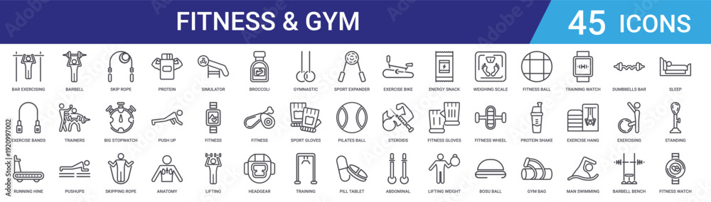 Fototapeta premium Set of 45 outline fitness and gym icons including protein, skipping rope, stopwatch, pushups, trainers, barbell, weightlifting for web design and mobile apps