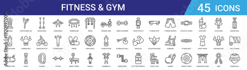 Set of 45 outline fitness and gym equipment icons including exercising dumbbell, bracelet, bicycle, resistance band, chest expanders, lumbar belt, stretching exercises vector