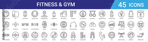 Set of 45 outline fitness and gym equipment icons including jumping rope, dumbbell, kettlebell, punching bag, stretching mat, roller for web and mobile app design