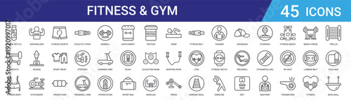 Set of 45 outline fitness and gym icons including athletic strap, triceps bar, sport wear, fitness shorts, stationary bike, boxing mannequin, bodybuilder vector for web and mobile