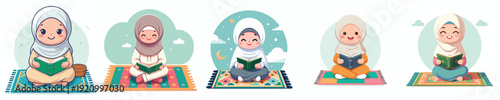 vector of muslim little girl sitting reading the Qur'an during Ramadan