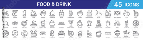 Set of 45 outline food and beverage icons including donuts, tofu, wine, coffee, noodles, desserts. Line vector collection for web, mobile app, UI design