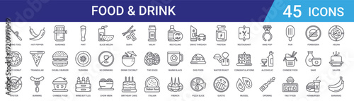 Set of 45 outline food and drink icons including pizza, burger, sushi, chinese food, beverages. Editable vector line icons for web and mobile design