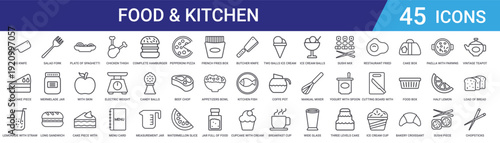 Set of 45 outline food and kitchen icons including chicken thigh, cake, spaghetti, sandwich, salad fork, sushi, pizza. Line vector icons for web and mobile app