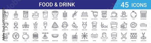 Set of 45 outline food and drink icons including fish, wine glass, honeycombs, cutlery, barbecue, chef cooking. Vector line icons for web and mobile app design