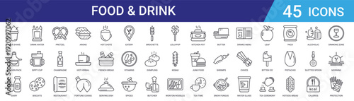Set of 45 outline food and drink icons including restaurant menu, champagne, pretzel, biscuits, beverages. Thin line style vector icons for web, app, UI design