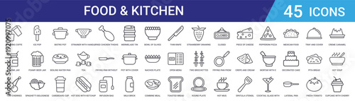 Set of 45 outline food and kitchen icons including strainer, cookware, beverages, utensils, and meals. Editable stroke vector icons for web and mobile app design