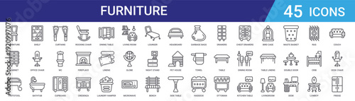 Set of 45 outline furniture and home interior icons including rocking chair, cupboard, bathtub, curtains, shelf, office chair. Thin line vector pack for web and mobile app design