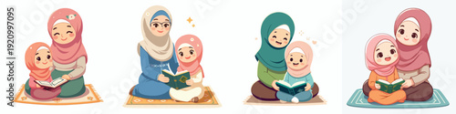 vector of mother and daughter sitting reading the Qur'an during Ramadan