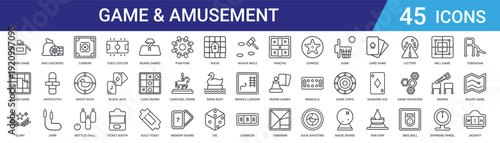 Set of 45 outline game and amusement icons including table soccer, carrom, lottery, board games, arcade games vector icons for web design and mobile app