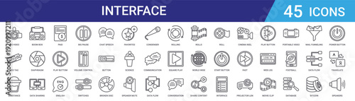 Set of 45 outline web interface icons including media controls, buttons, communication, data sharing. Thin line vector icons for web design, mobile app UI