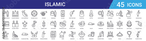 Set of 45 outline Islamic religion icons including halal, mosque, prayer, crescent moon, ramadan, hijab. Line vector icons for web design and mobile app UI