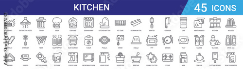 Set of 45 outline kitchen and cooking icons including beer, bottle opener, trash, saucer, skimmer, extractor hood. Vector line style for web and mobile design